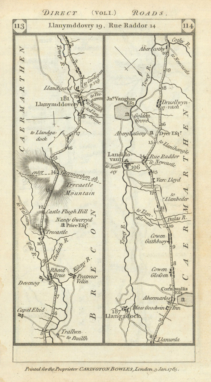 Penbont - Trecastle - Llangadog - Llandeilo road strip map PATERSON 1785